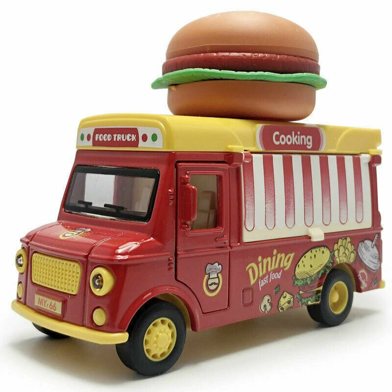 Die-Cast Burger Food Truck – Mini Fast Food Play Vehicle with Magnetic Sound & Light Effects for Kids Toys