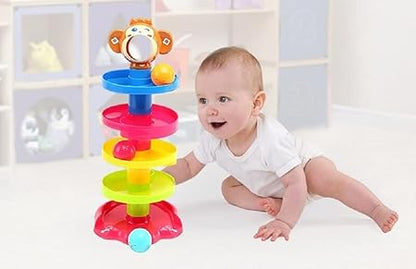 Rolling and Swirling Ramp Toy for Baby and Toddlers | 5 Layer Ball Drop Tower with 3 Colorful Plastic Rattle Balls | Stack-Drop-Roll Fun Toy