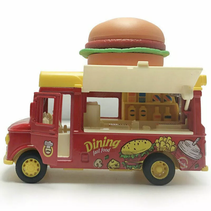 Die-Cast Burger Food Truck – Mini Fast Food Play Vehicle with Magnetic Sound & Light Effects for Kids Toys