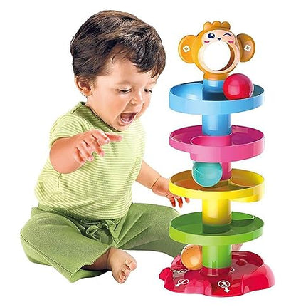 Rolling and Swirling Ramp Toy for Baby and Toddlers | 5 Layer Ball Drop Tower with 3 Colorful Plastic Rattle Balls | Stack-Drop-Roll Fun Toy