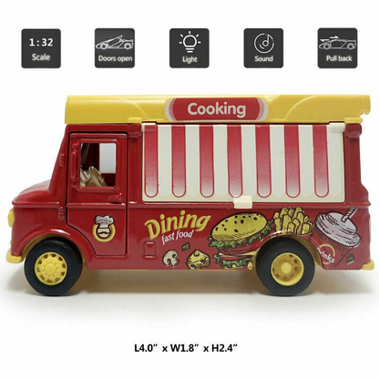 Die-Cast Burger Food Truck – Mini Fast Food Play Vehicle with Magnetic Sound & Light Effects for Kids Toys