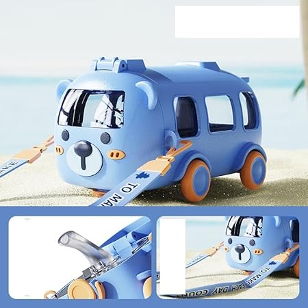 Car Bus Straw Water Cup 500ml Portable Detachable Bus Water Bottle with Shoulder Strap Leak-Proof Kids Drink Cup Cartoon Water Jug Toy Locking Flip Lid Water Kettle(Multicolor, Pack of 1)