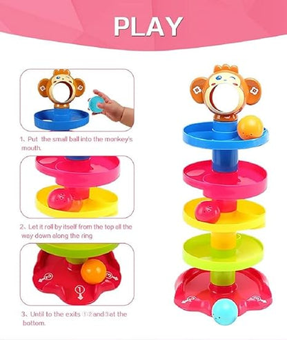 Rolling and Swirling Ramp Toy for Baby and Toddlers | 5 Layer Ball Drop Tower with 3 Colorful Plastic Rattle Balls | Stack-Drop-Roll Fun Toy