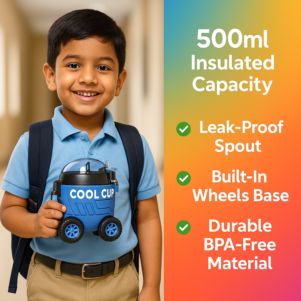 Leakproof Large Capacity Cool Car Sports Water Bottle Cute Cartoon Design, BPA-Free for Outdoor Activities with Straw and Adjustable Strap