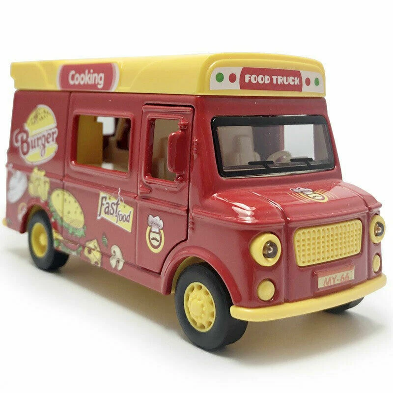 Die-Cast Burger Food Truck – Mini Fast Food Play Vehicle with Magnetic Sound & Light Effects for Kids Toys