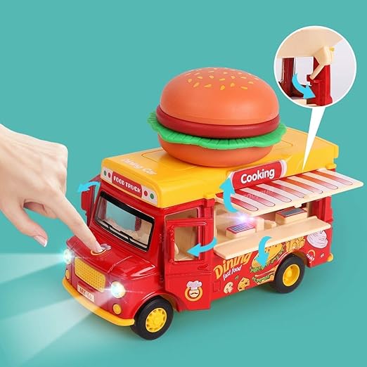 Die-Cast Burger Food Truck – Mini Fast Food Play Vehicle with Magnetic Sound & Light Effects for Kids Toys
