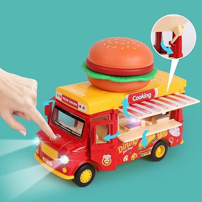 Die-Cast Burger Food Truck – Mini Fast Food Play Vehicle with Magnetic Sound & Light Effects for Kids Toys