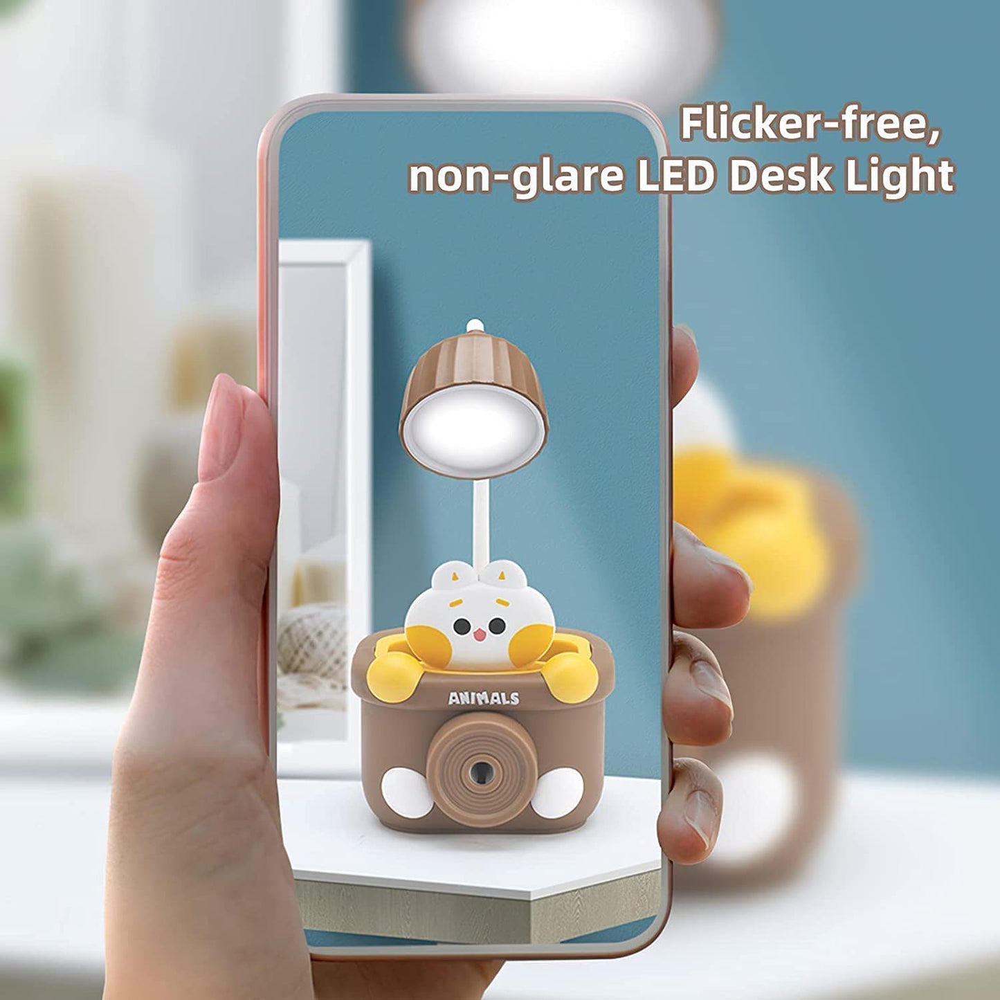 Cute Animal Table Lamp - Rechargeable Desk Lamp with Pen Holder & Sharpener, Study Desk Light for Study Room/Home/Office (Multi Color and Animals)