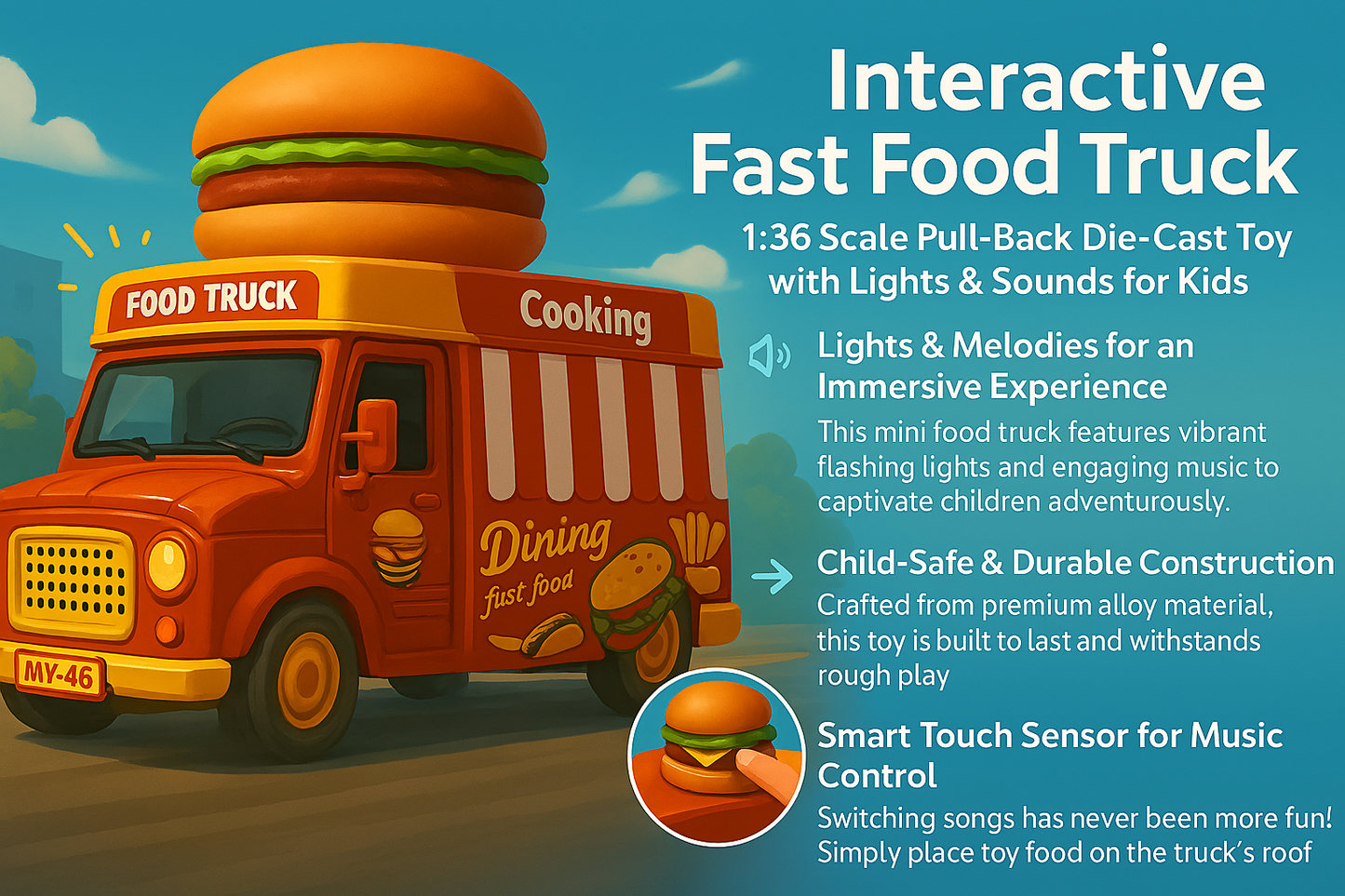 🚚 Interactive Fast Food Truck Toy – 1:36 Scale Pull-Back Die-Cast