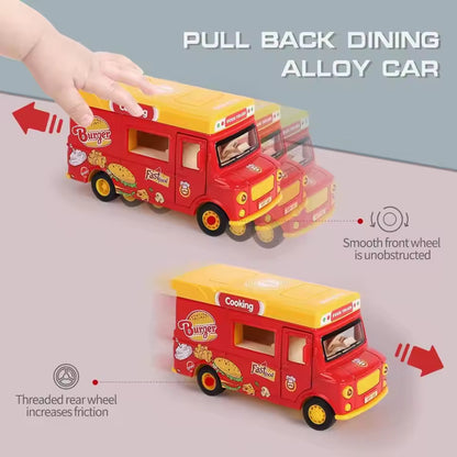 Die-Cast Burger Food Truck – Mini Fast Food Play Vehicle with Magnetic Sound & Light Effects for Kids Toys