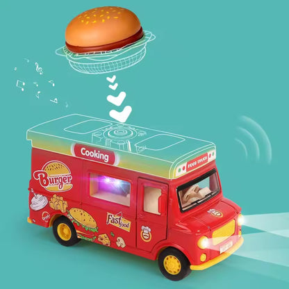 Die-Cast Burger Food Truck – Mini Fast Food Play Vehicle with Magnetic Sound & Light Effects for Kids Toys