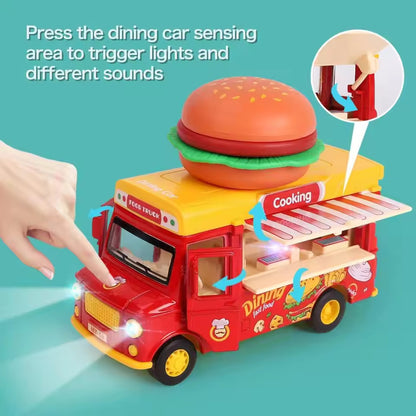 Die-Cast Burger Food Truck – Mini Fast Food Play Vehicle with Magnetic Sound & Light Effects for Kids Toys